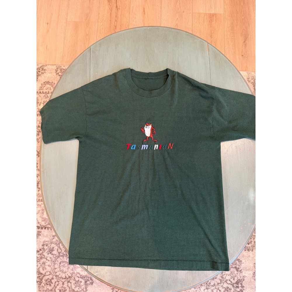 Vintage 90s Looney Tunes Tasmanian Devil Taz Embroidered T-Shirt Green XL Single